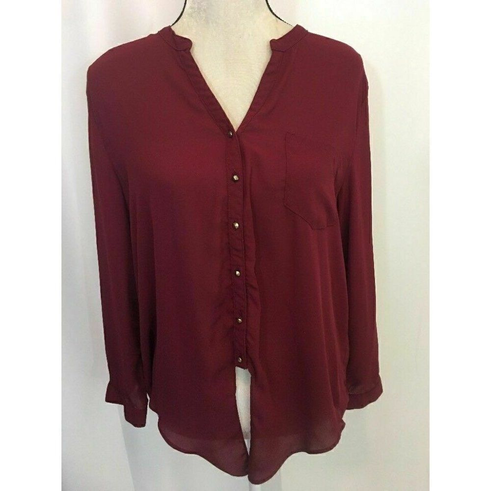 Sis Sis Womens Solid Maroon Burgundy Red Long Sleeve Button Down Top Medium